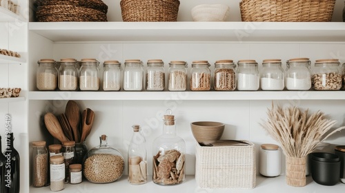 A minimalist pantry with white shelves, neatly labeled glass jars, and woven baskets, creating a clean, organized, and stylish storage space