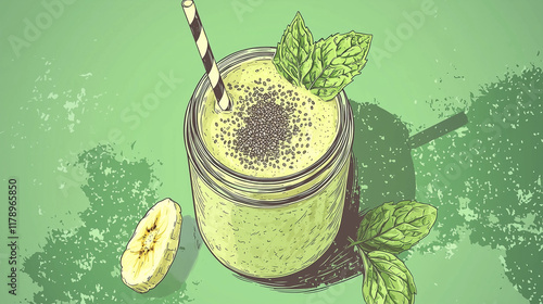 A refreshing smoothie made with spinach, banana, and almond milk, served in a mason jar with a striped straw. Garnished with chia seeds and mint leaves