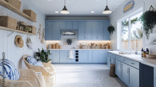 A modern coastal garage with oceanic vibes, featuring soft blue cabinetry, nautical lighting, and beach-themed decor for a serene workspace. photo