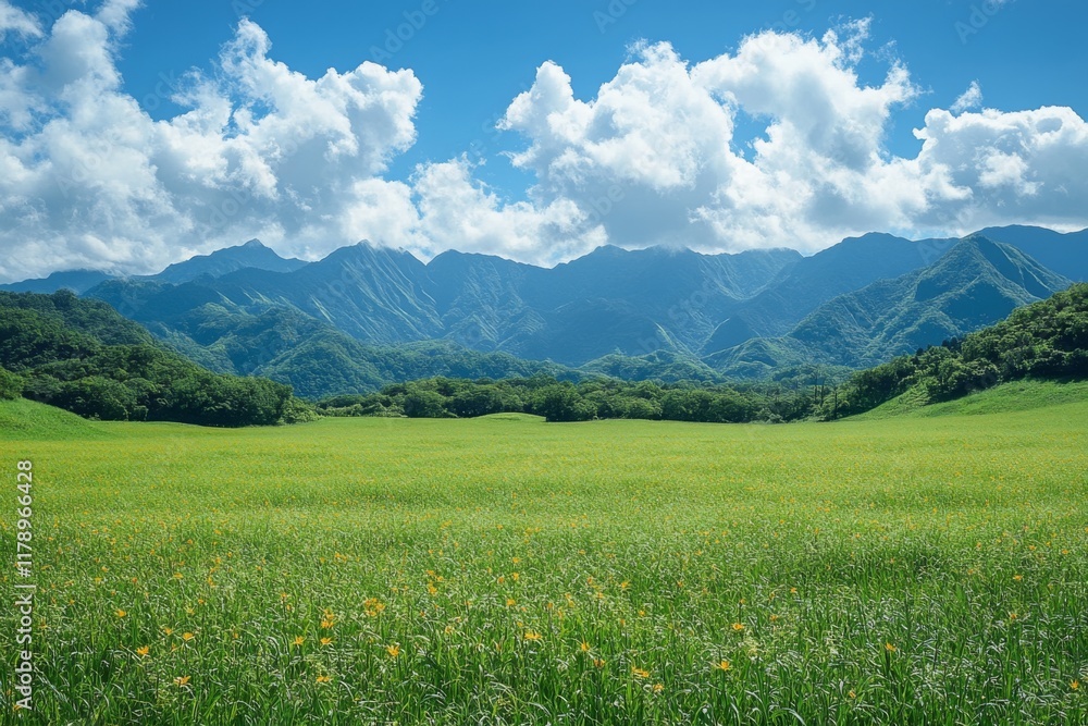 Lush green meadow with mountains and bright blue sky Lush green meadow with mountains and bright blue sky