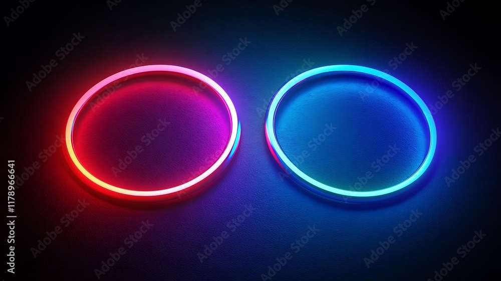 Two Neon Circular Lights Glowing Brightly On Dark Wall Two Neon Circular Lights Glowing Brightly On Dark Wall