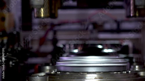 Close up view of a large hydraulic transfer press line shaping metal parts in a factory.