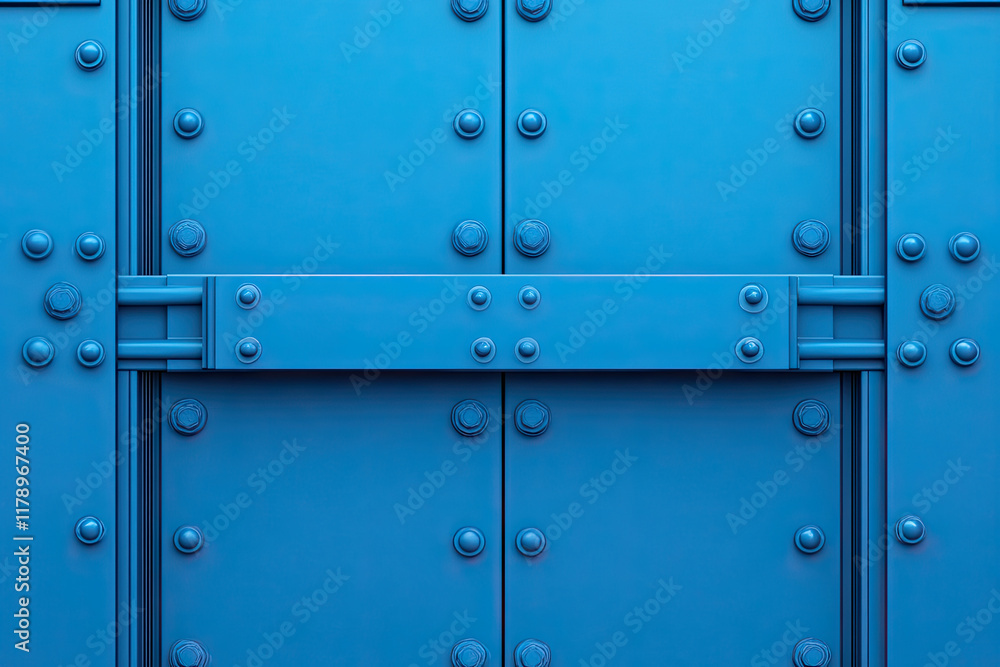 A vivid blue metal door with rivets and a central bar, offering a modern industrial aesthetic. A vivid blue metal door with rivets and a central bar, offering a modern industrial aesthetic.