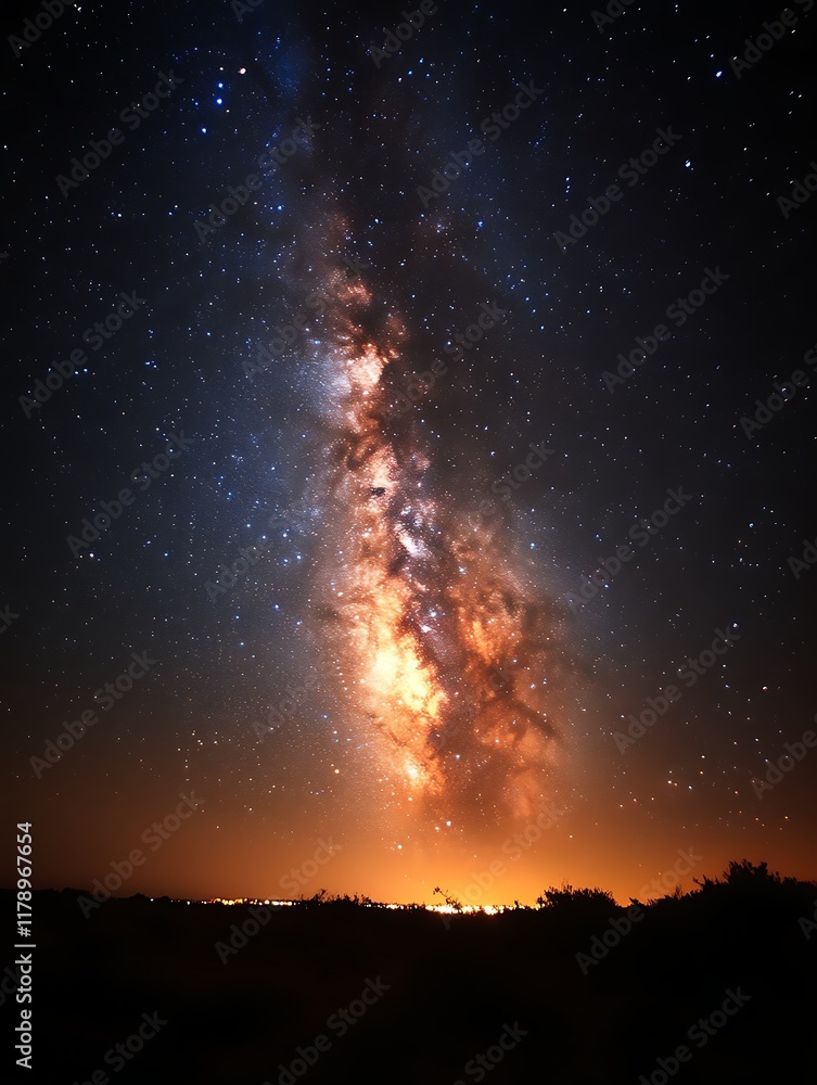 Majestic Milky Way galaxy rising over a dark horizon at night. Majestic Milky Way galaxy rising over a dark horizon at night.
