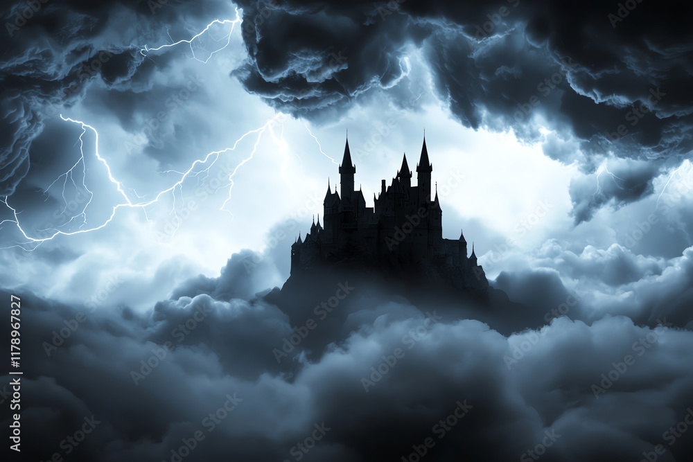 A dark, stormy sky looms over a silhouette of a castle, illuminated by flashes of lightning, creating an ominous and mysterious atmosphere. A dark, stormy sky looms over a silhouette of a castle, illuminated by flashes of lightning, creating an ominous and mysterious atmosphere.