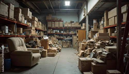 Un almacén desordenado lleno de cajas, muebles y otros objetos esparcidos