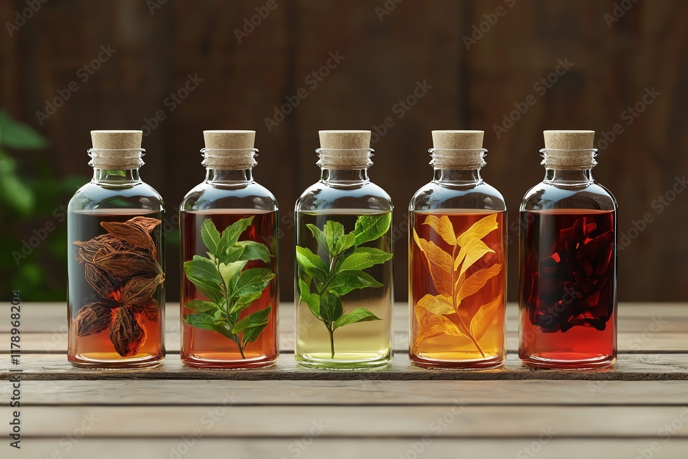 A collection of glass bottles filled with colorful herbal infusions, showcasing various leaves and plants in a natural setting. A collection of glass bottles filled with colorful herbal infusions, showcasing various leaves and plants in a natural setting.