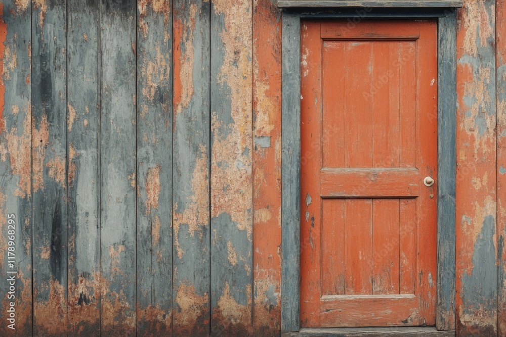 Rustic blue wooden wall with a red door and textured surface Rustic blue wooden wall with a red door and textured surface