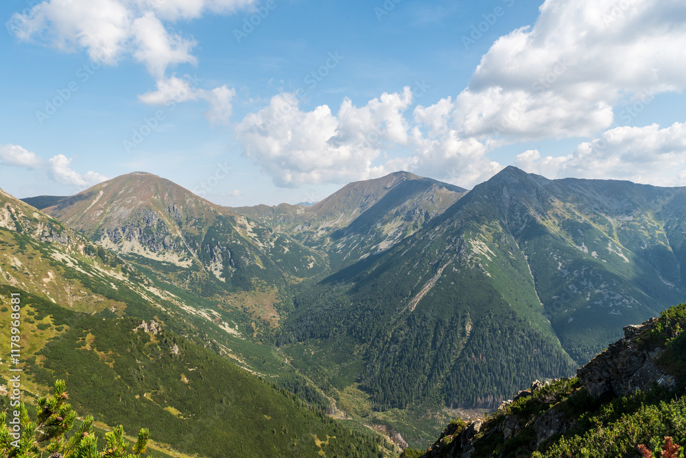 Rackova dolina valley with Nizna Bystra, Bystra and Klin hill above from Otrhance mountain ridge in Western Tatras mountains in Slovakia Rackova dolina valley with Nizna Bystra, Bystra and Klin hill above from Otrhance mountain ridge in Western Tatras mountains in Slovakia