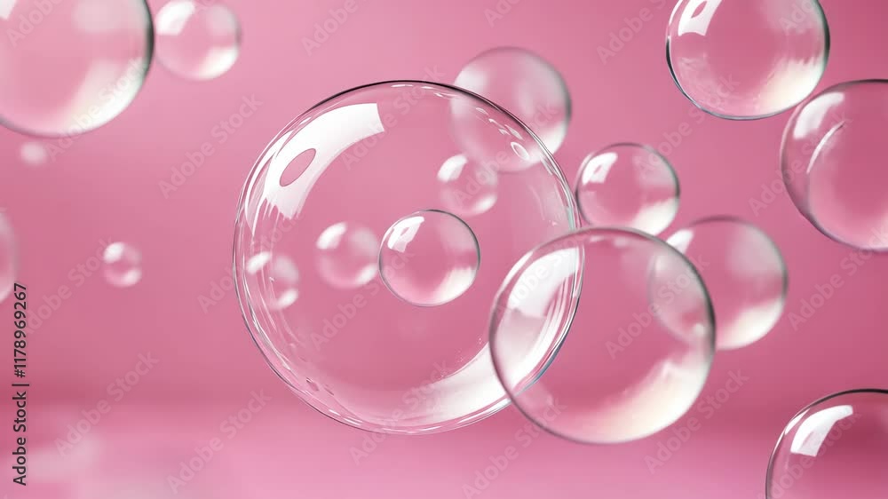 Transparent soap bubbles float gracefully against a soft pink background, creating a whimsical and delicate atmosphere Transparent soap bubbles float gracefully against a soft pink background, creating a whimsical and delicate atmosphere