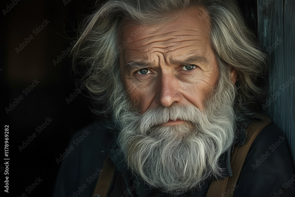 Portrait of an elderly man with long gray hair and beard, dressed in dark , standing against a wall. Portrait of an elderly man with long gray hair and beard, dressed in dark , standing against a wall.