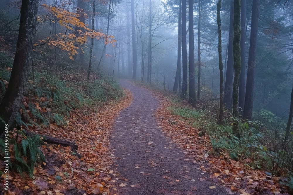 Path in misty autumn forest covered with orange leaves Path in misty autumn forest covered with orange leaves