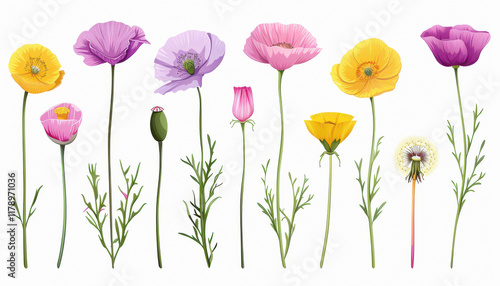 small yellow and pink poppy flower, dandelion buds in different stages of bloom in the color pink and yellow photo