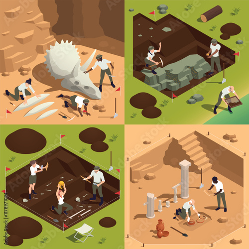 Archeology compositions in isometric view