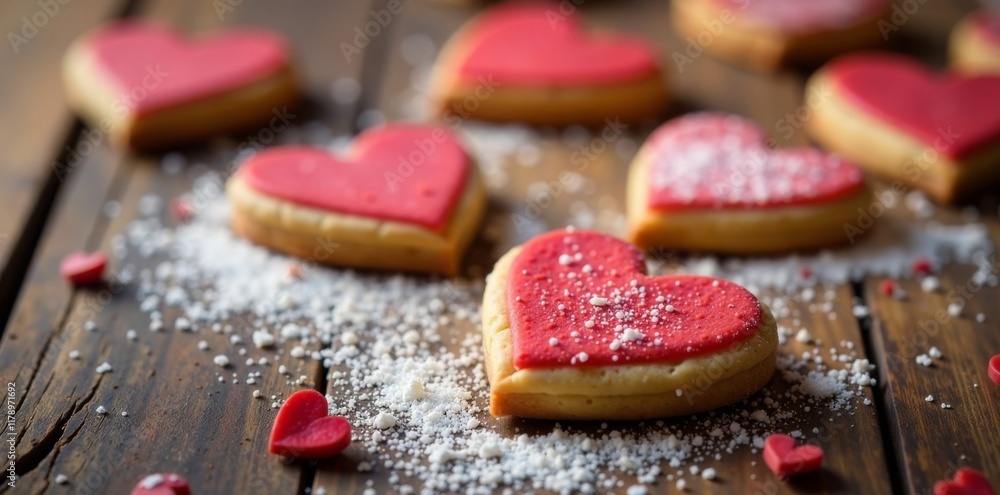 Heart shaped cookies baking on wooden background, wood-texture, kitchen-decor, Heart shaped cookies baking on wooden background, wood-texture, kitchen-decor,