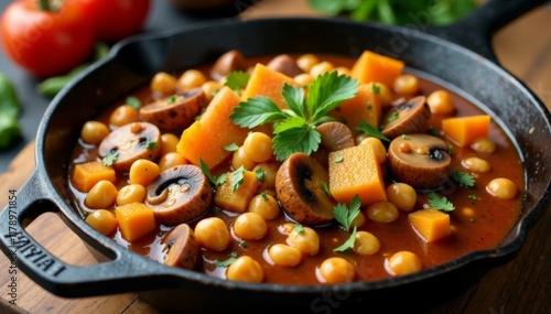 Hearty vegetarian stew in iron pan with chunky mushrooms and chickpeas, healthy, vegetarian, iron pan photo