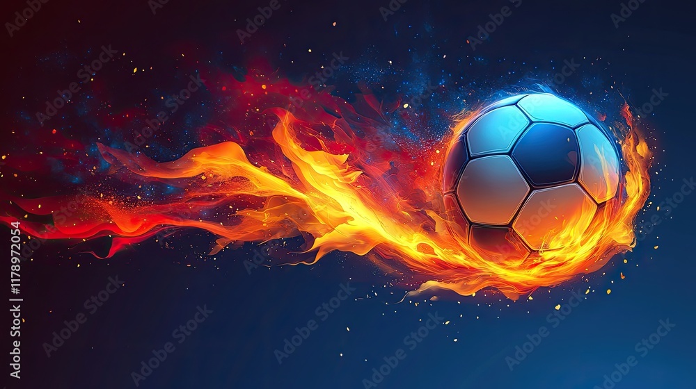 Naklejka premium Fiery soccer ball in motion against dark background.