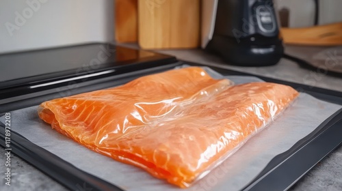 Fresh Salmon Fillet on Kitchen Counter photo