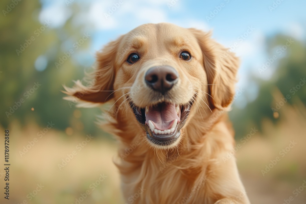 Joyful Dog With Open Mouth Against Clear Blue Sky Emphasizing Playfulness and Freedom in Bright Outdoor Setting Joyful Dog With Open Mouth Against Clear Blue Sky Emphasizing Playfulness and Freedom in Bright Outdoor Setting