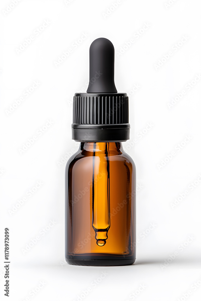 Fototapeta premium Amber glass dropper bottle with black cap mock up isolated on white background