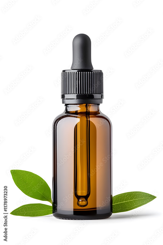 Fototapeta premium Amber glass dropper bottle with black cap mock up isolated on white background