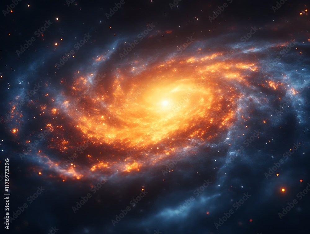 Fototapeta premium Fiery orange and blue spiral galaxy.