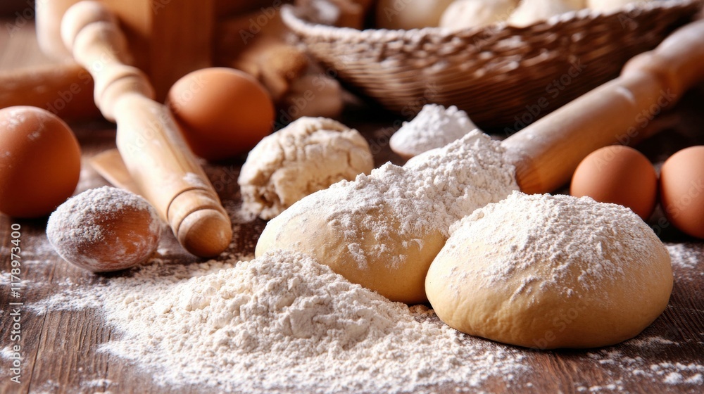Fototapeta premium Baker's workspace filled with flour, rolling pins, and freshly prepared dough ready for shaping and baking