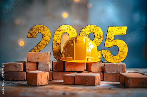 The numbers 2025 are made of bricks on a festive background. New year greeting card with yellow construction helmet for builders. photo