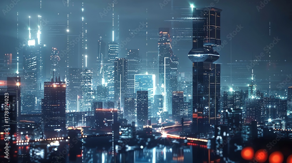 A futuristic cityscape with glowing blue lines connecting different points of the city. A futuristic cityscape with glowing blue lines connecting different points of the city.