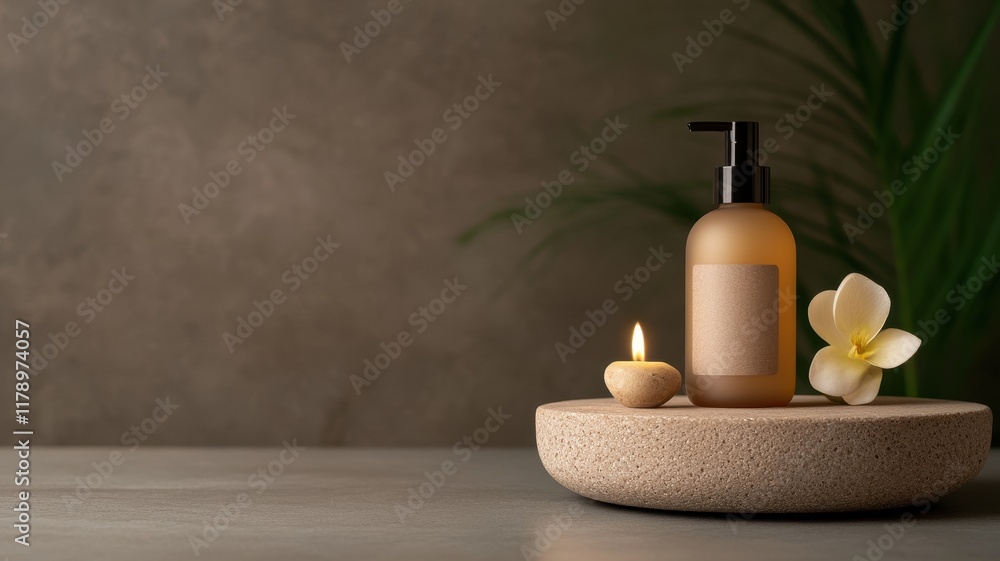 Elegant Candle Illuminating a Table with Glass Bottle of Liquid Creating a Warm and Inviting Atmosphere for Relaxation Elegant Candle Illuminating a Table with Glass Bottle of Liquid Creating a Warm and Inviting Atmosphere for Relaxation