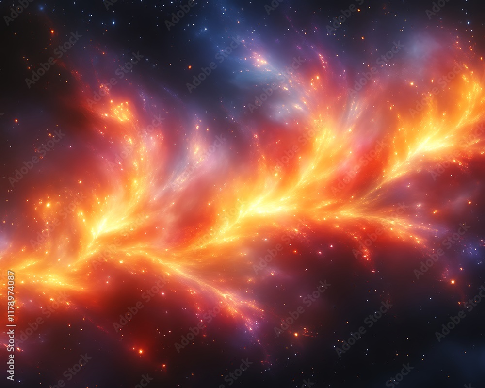 Fototapeta premium Fiery cosmic nebula with swirling colors.
