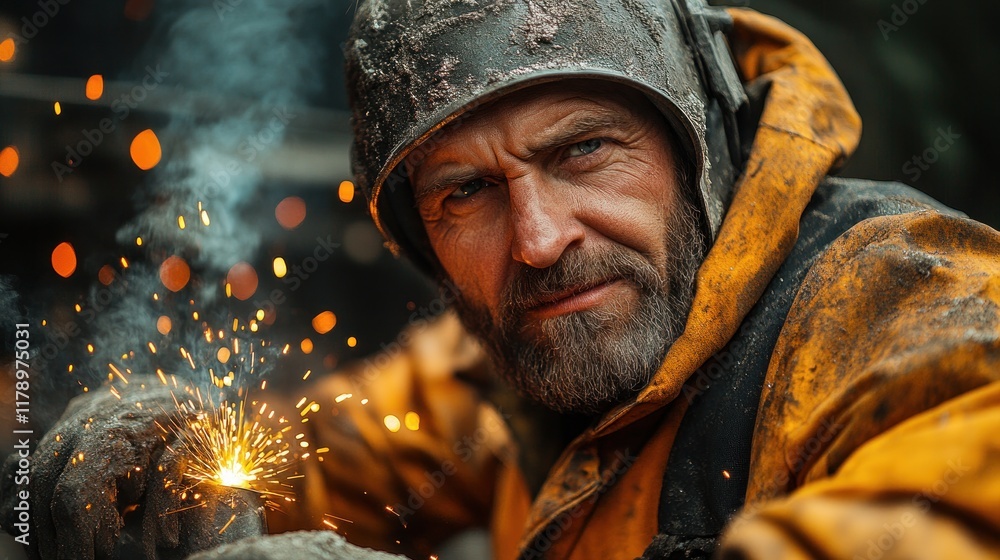 A rugged worker welding, surrounded by sparks and wearing protective gear.