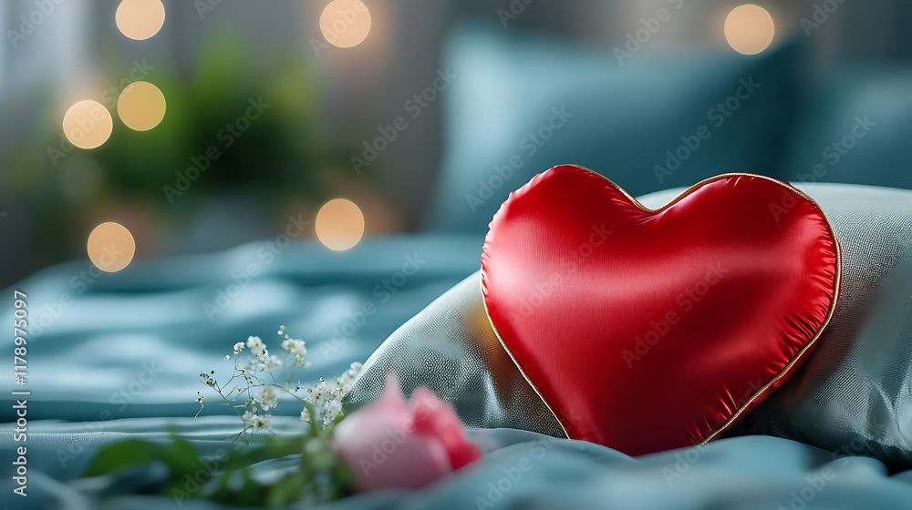 Fototapeta premium Luxurious red satin heart shaped pillow with glowing golden edges a symbol of love romance and intimacy Cozy and inviting decor for a bedroom or living room creating a serene and elegant ambiance