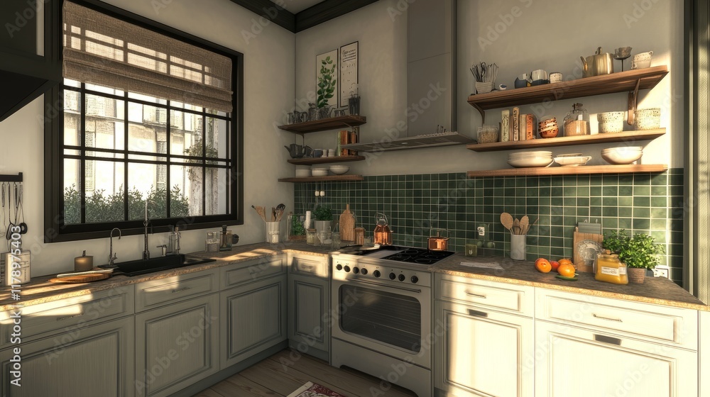 Fototapeta premium A Scandinavian kitchen in grey tones, accented with green tiles on the backsplash, and open shelving, perfectly captured in a 3D render to highlight modern elegance.