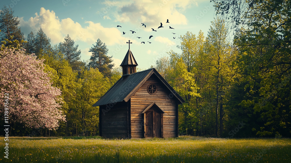 A Peaceful Image of a Small Wooden Chapel in the Middle of a Spring Forest, Surrounded by Blooming Trees and Birds Flying in the Sky, Symbolizing Harmony and Renewal