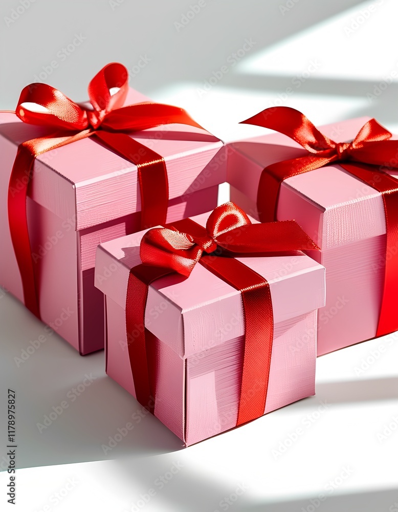 Obraz premium Elegant pink gift boxes adorned with red ribbons and bows arranged beautifully on a white surface
