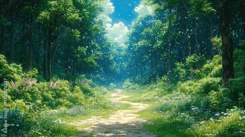 Obraz premium Sunlit Forest Path: A Journey Through Lush Greenery and Tranquil Nature