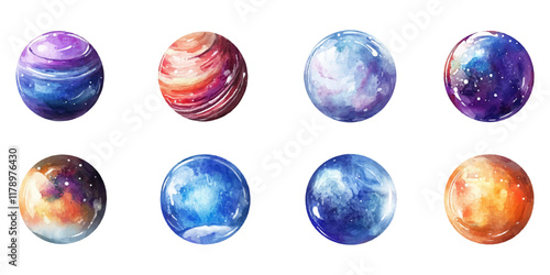 Set of planets, a watercolor vector illustration isolated on a white background.