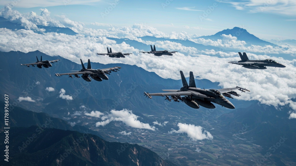 Formation of Fighter Jets Flying Above Mountains and Clouds in Clear Sky Formation of Fighter Jets Flying Above Mountains and Clouds in Clear Sky