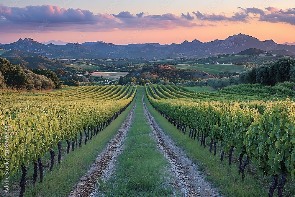 Naklejka premium Vineyard Rows Leading to Distant Mountains at Sunset