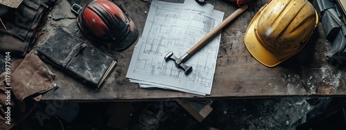 Construction workspace featuring blueprints, a hammer, safety gear, organized tools, and a detailed project plan on a sturdy desk photo