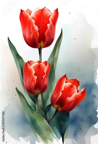 Vibrant red tulips with green leaves stand out against a soft, watercolor background