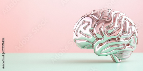Metallic Brain Model on Two-Tone Background. Banner with Copyspace for Text.