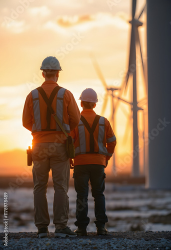 Back view of young maintenance engineers team working in wind turbine farm at sunset, Backlit, with white tones