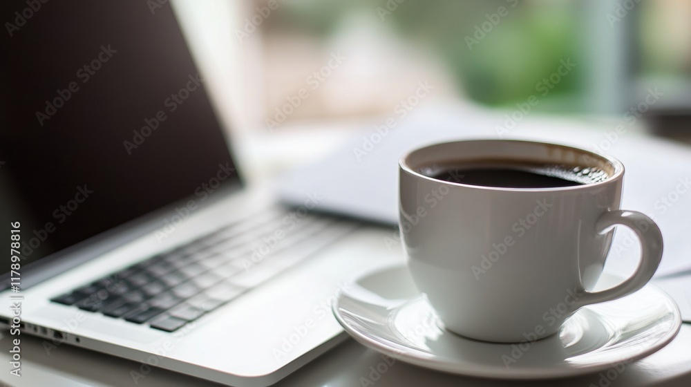 Entrepreneur's workspace, modern desk, sleek laptop, steaming coffee cup, scattered business plans, inspiring productivity atmosphere Entrepreneur's workspace, modern desk, sleek laptop, steaming coffee cup, scattered business plans, inspiring productivity atmosphere