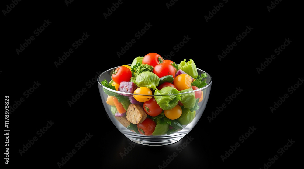 Colorful vegetable salad in a glass bowl, a healthy and vibrant mix of fresh ingredients perfect for a nutritious meal.