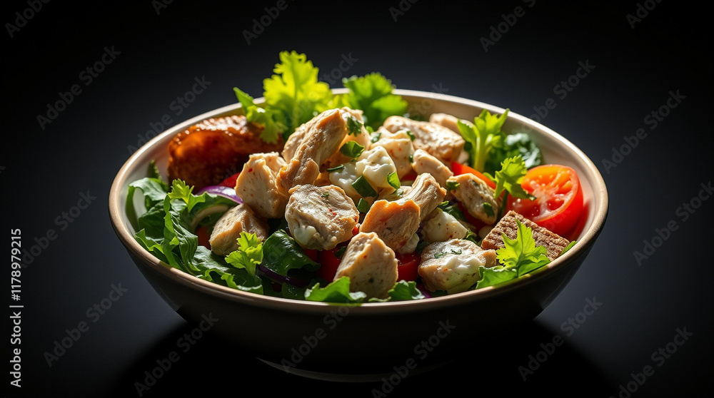 Delicious chicken salad in a bowl, topped with croutons and fresh vegetables. A healthy and flavorful meal. Delicious chicken salad in a bowl, topped with croutons and fresh vegetables. A healthy and flavorful meal.