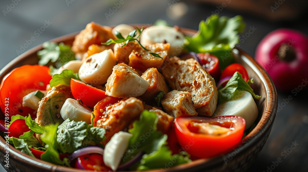 Delicious chicken and tomato salad in a rustic bowl. Perfect for a healthy and flavorful lunch or dinner. Delicious chicken and tomato salad in a rustic bowl. Perfect for a healthy and flavorful lunch or dinner.