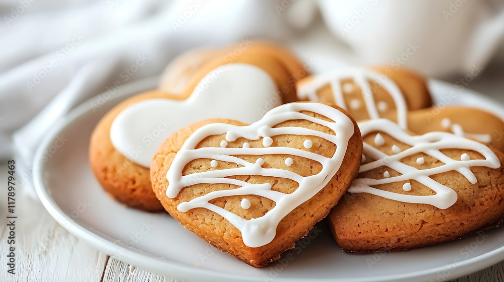 Tempting heart shaped cookies adorned with intricate whimsical icing for festive gift giving Tempting heart shaped cookies adorned with intricate whimsical icing for festive gift giving