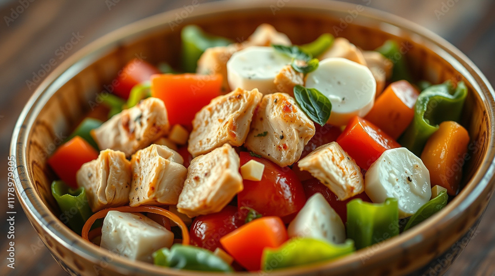 Delicious chicken and vegetable salad in a wooden bowl. Fresh ingredients and vibrant colors make this a healthy and appetizing meal. Delicious chicken and vegetable salad in a wooden bowl. Fresh ingredients and vibrant colors make this a healthy and appetizing meal.